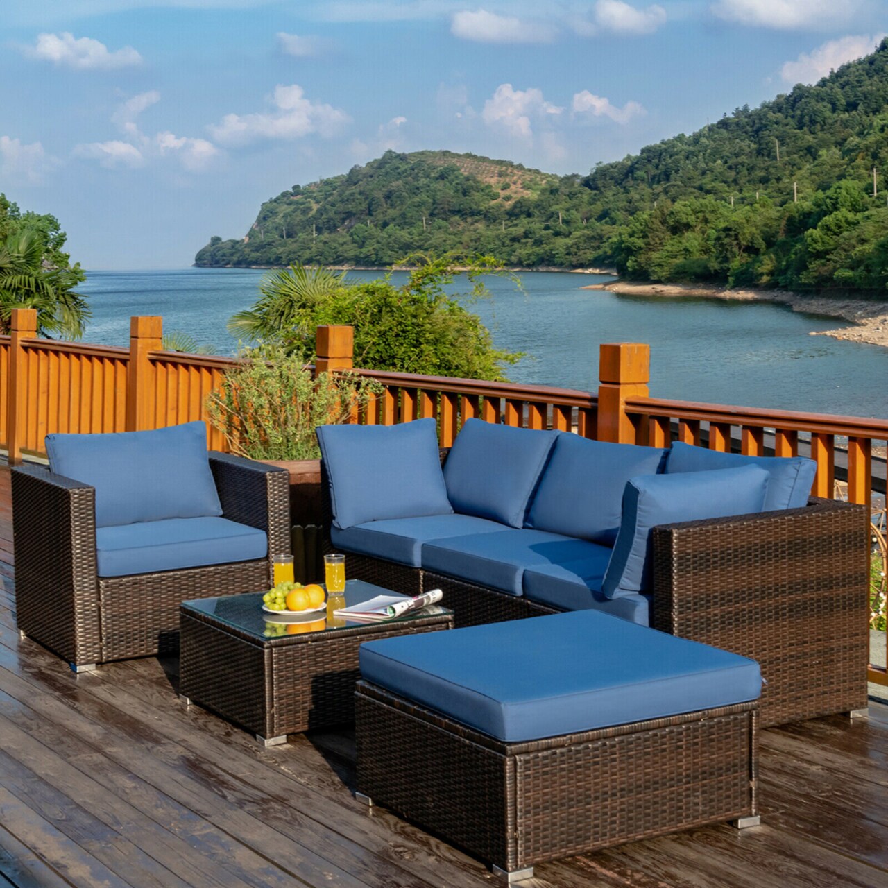 6Pcs Patio Conversation Set Rattan Sectional Furniture Set W/ Navy Cushion